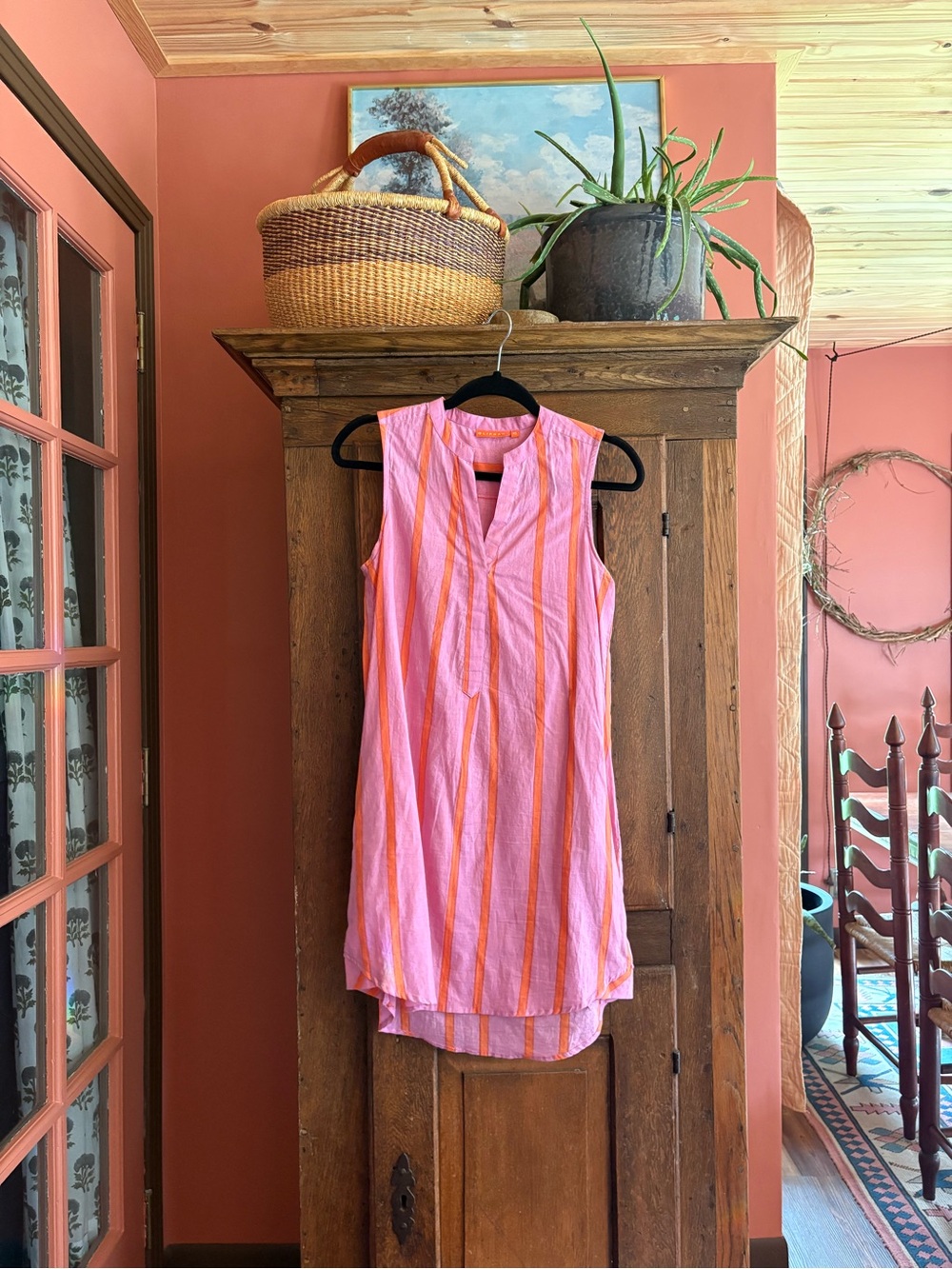 Oliphant Pink and Orange Striped Sleeveless Tunic Dress